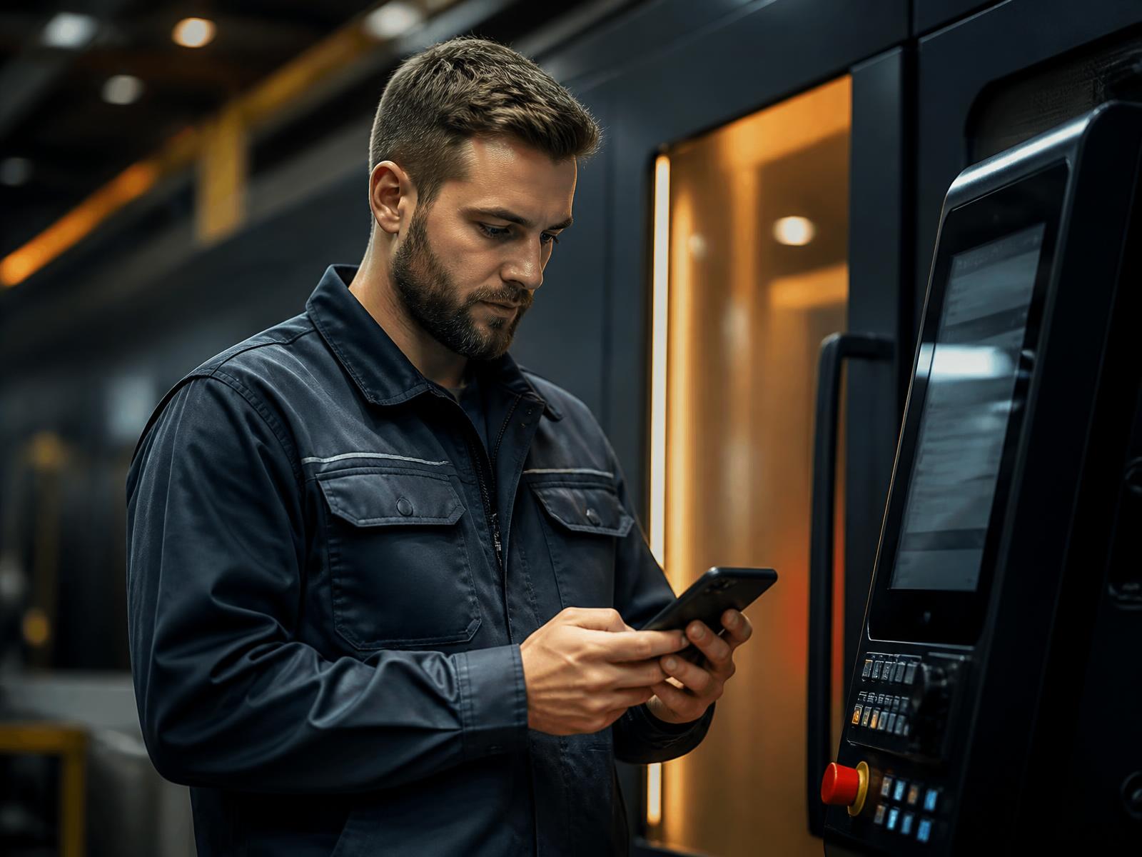 Technicien de maintenance utilisant Pannexo sur son smartphone devant une machine industrielle